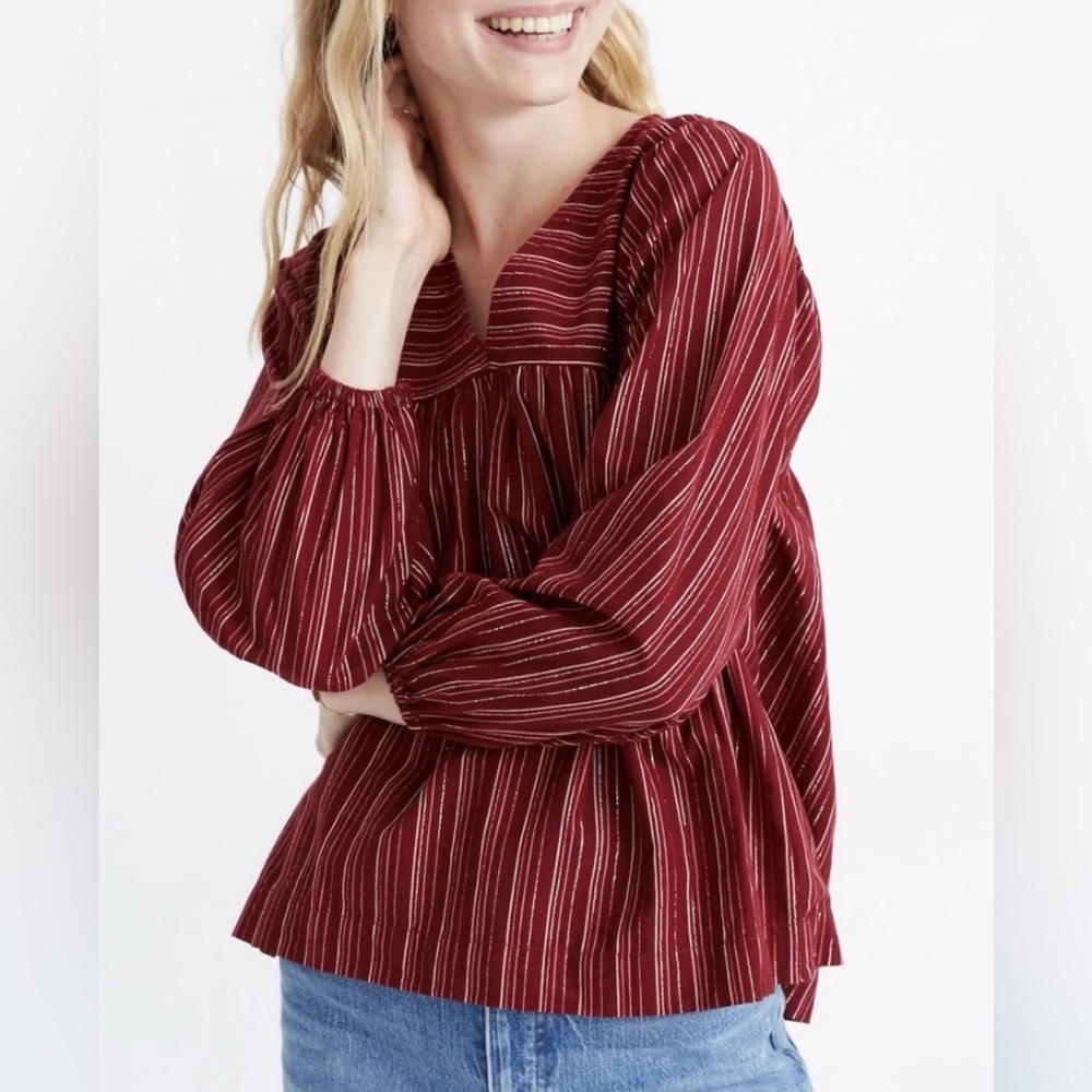 Madewell Womens Swingy Peasant Top Burgundy Striped Long Sleeve Size Small